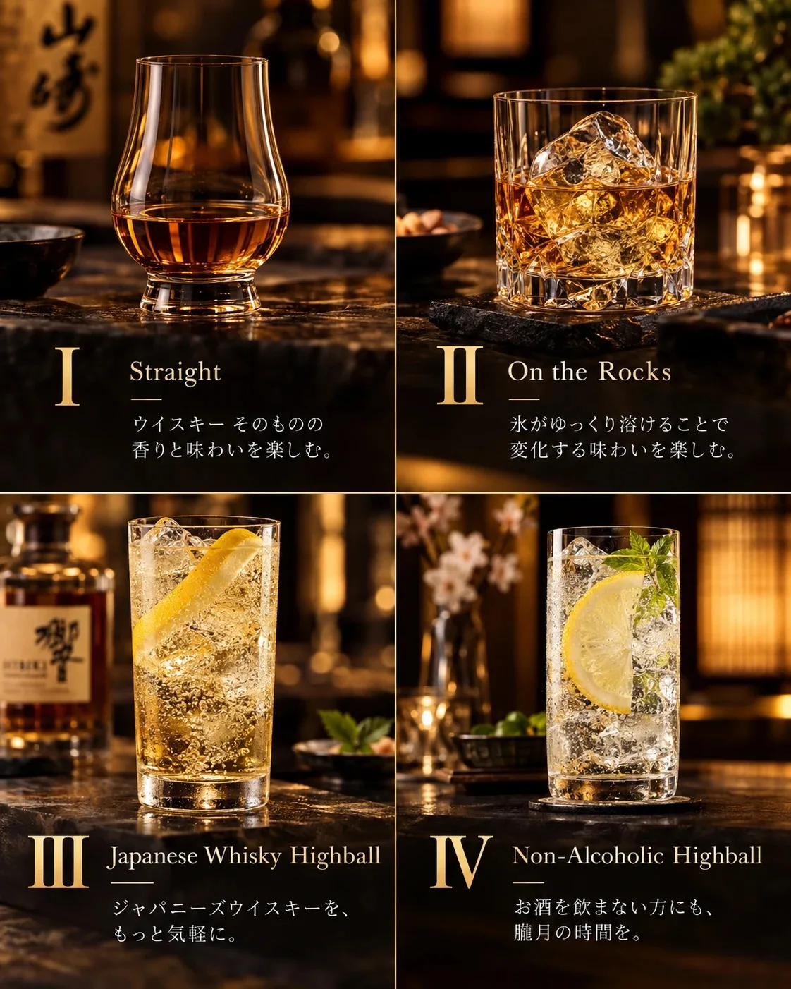 4つの飲み方。I Straight：ウイスキーそのものの香りと味わいを楽しむ。II On the Rocks：氷がゆっくり溶けることで変化する味わいを楽しむ。III Japanese Whisky Highball：ジャパニーズウイスキーを、もっと気軽に。IV Non-Alcoholic Highball：お酒を飲まない方にも、朧月の時間を。